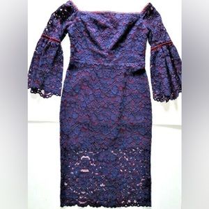 Alexis
Belin Off-the-Shoulder Lace Dress w/ Velvet Necktie, Navy